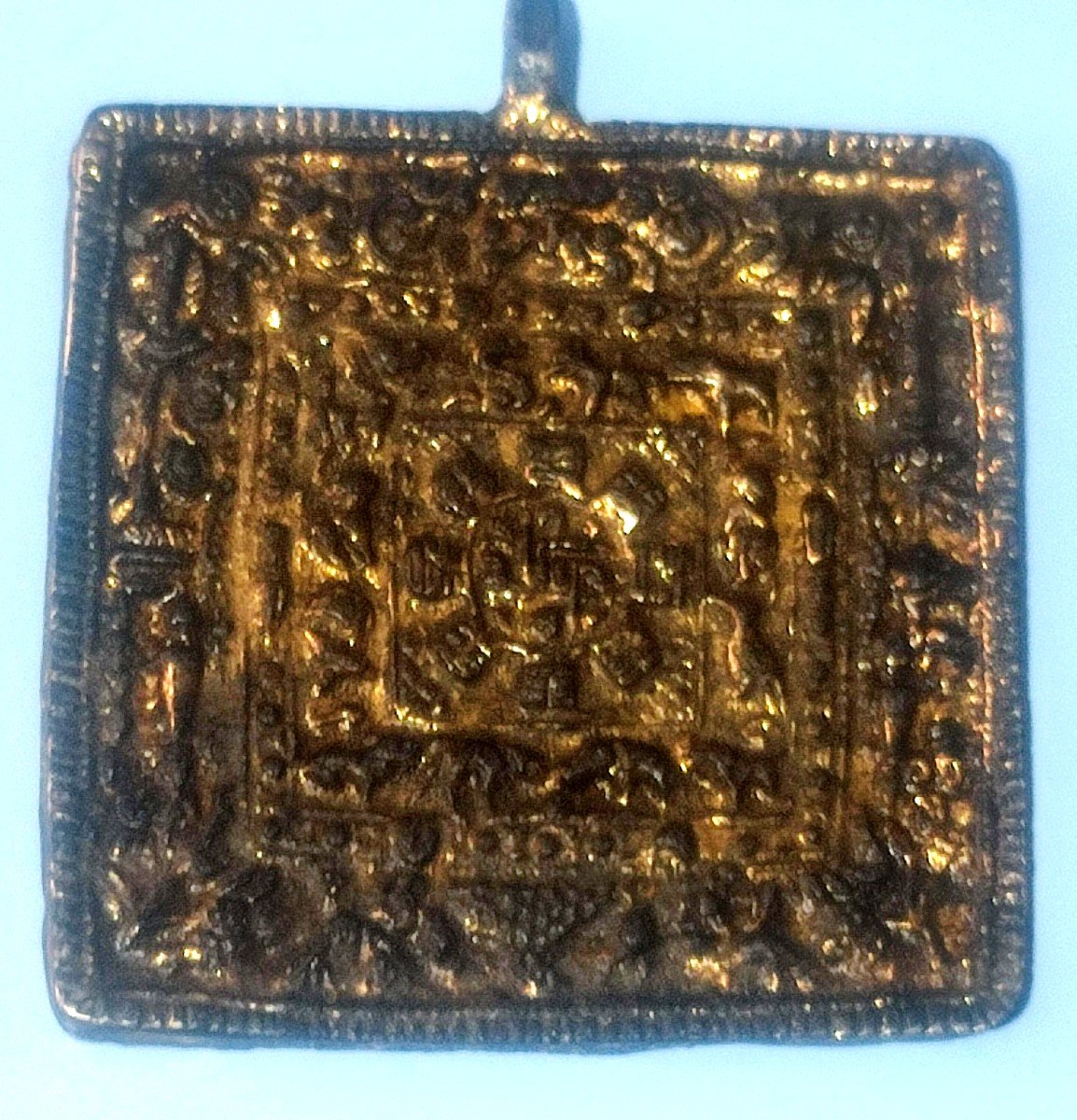 Square Templar Medallion In Mercury-plated Metal Depicting A Fortified Castle.