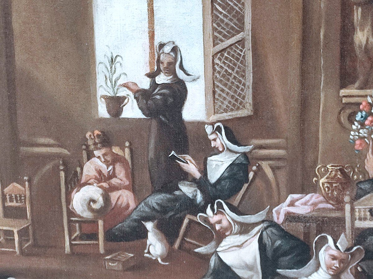 Painting Depicting Nuns Inside The Convent, Dedicated To Spinning And Relaxing Among Themselves-photo-2