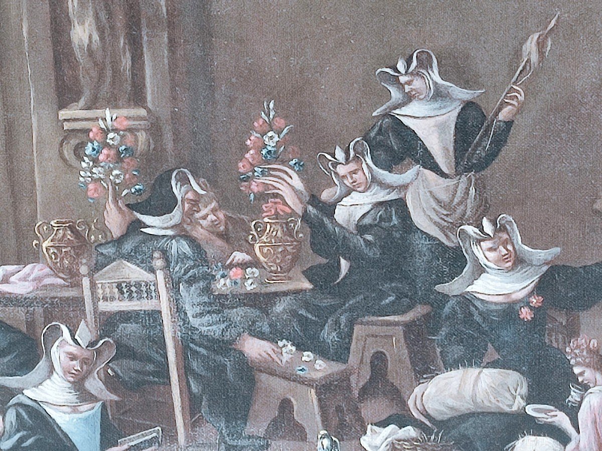 Painting Depicting Nuns Inside The Convent, Dedicated To Spinning And Relaxing Among Themselves-photo-3
