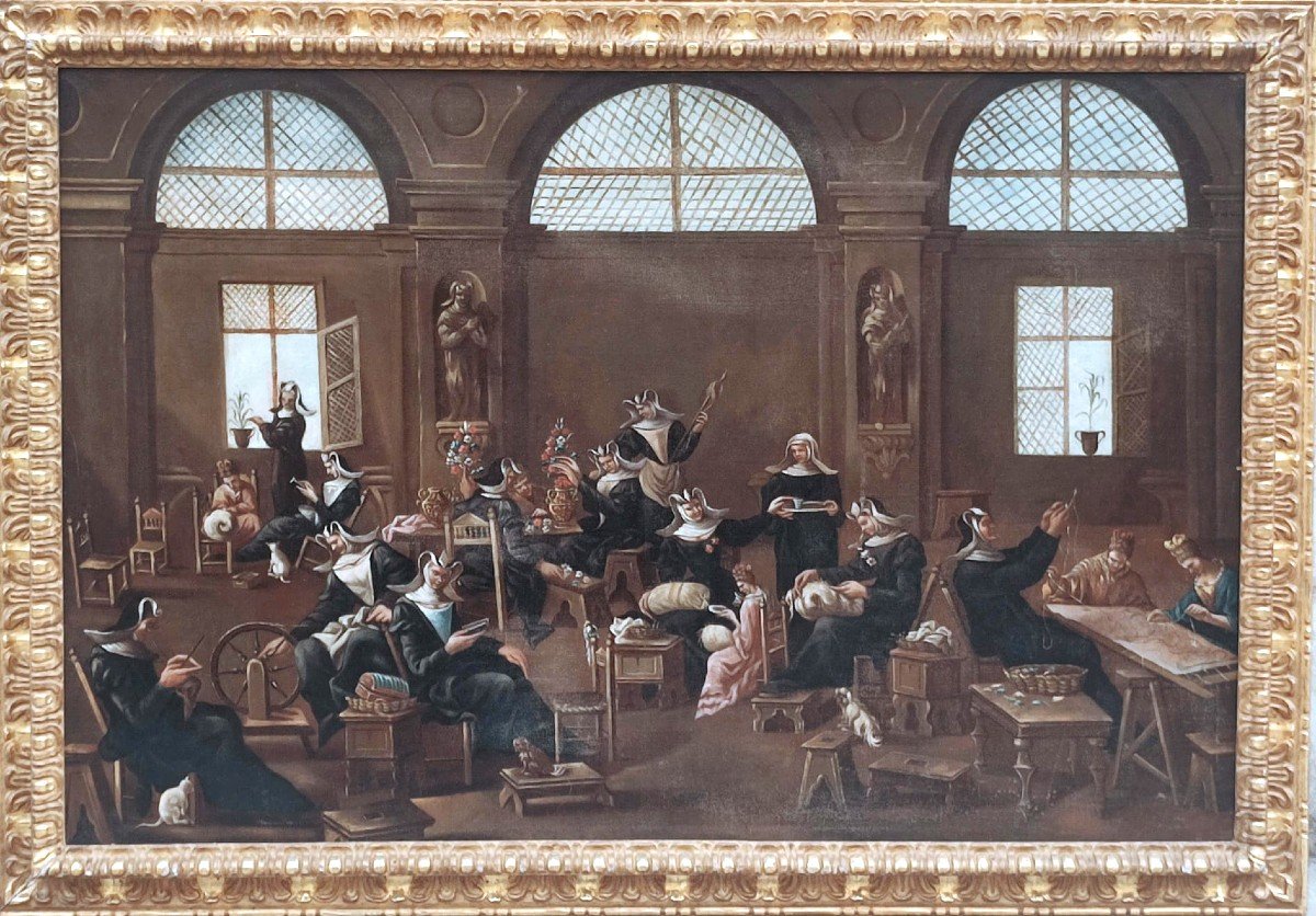 Painting Depicting Nuns Inside The Convent, Dedicated To Spinning And Relaxing Among Themselves
