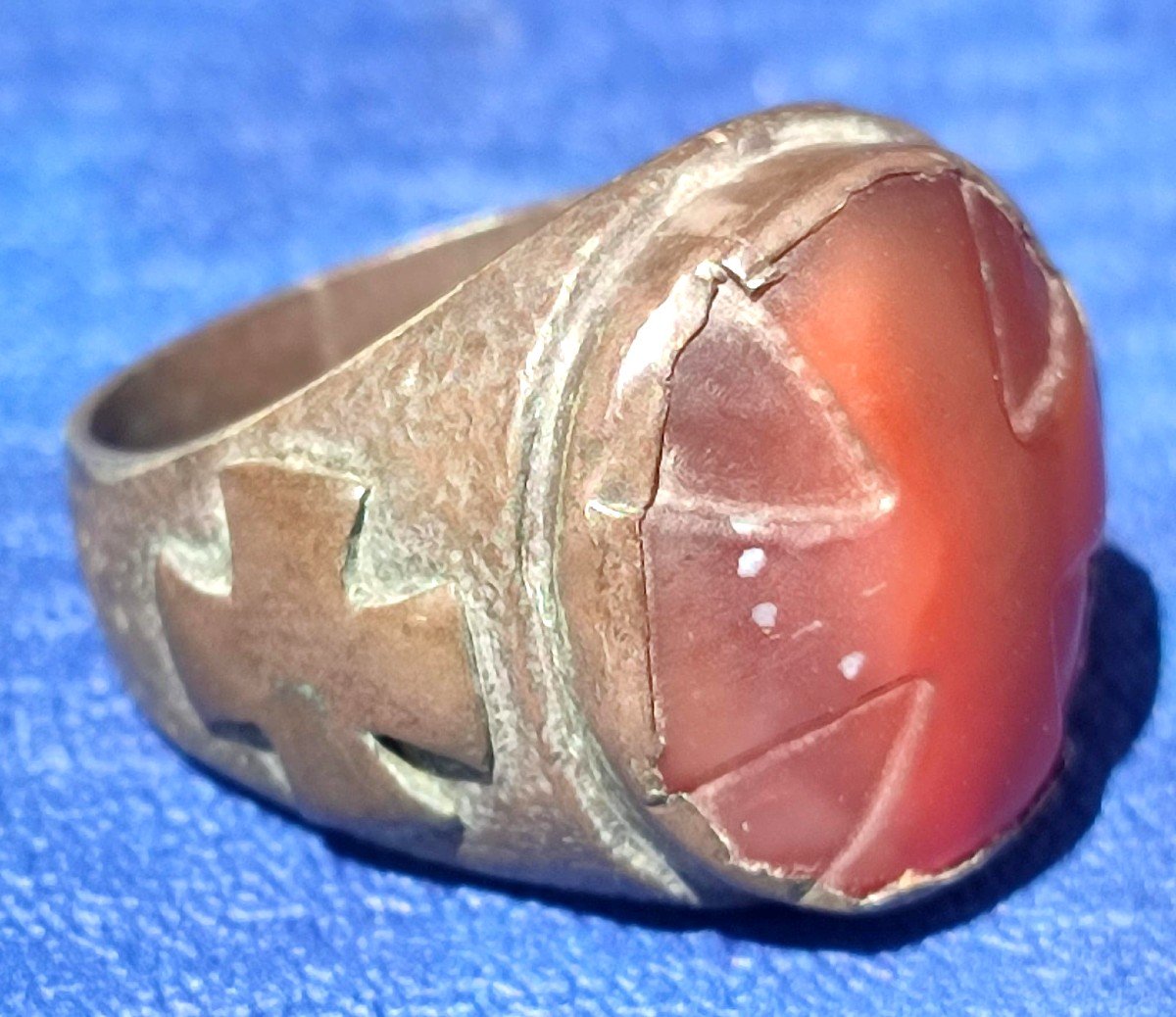 Très Rare Bague Du Chevalier Templier, En Argent, Avec Croix Sculptée Sur Cornaline -photo-2