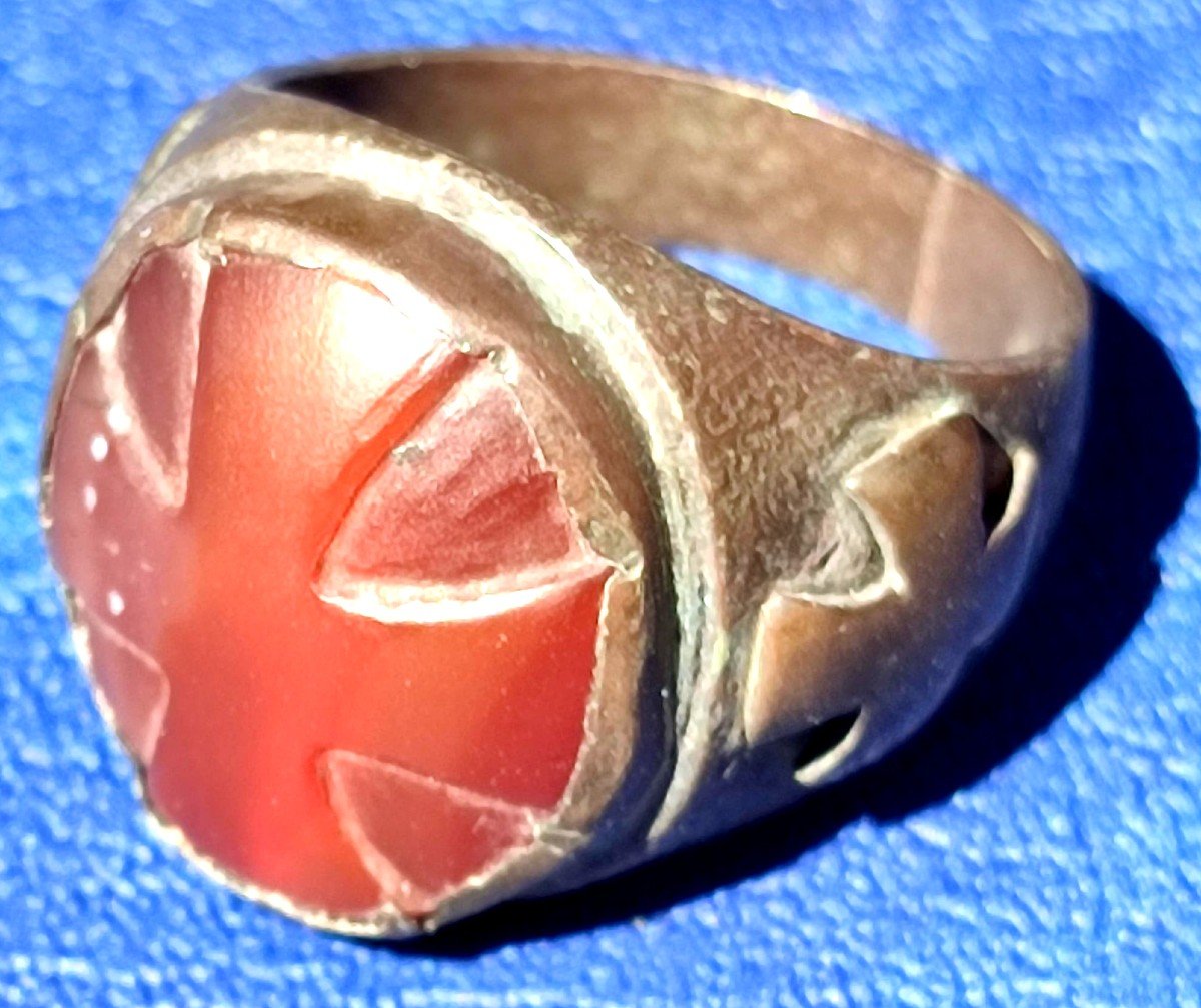 Très Rare Bague Du Chevalier Templier, En Argent, Avec Croix Sculptée Sur Cornaline 