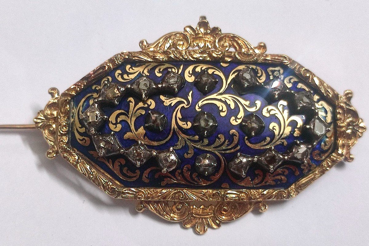 Broche Louis XVI Française En émail Bleu Et Brillants Taille Mazarine-photo-1