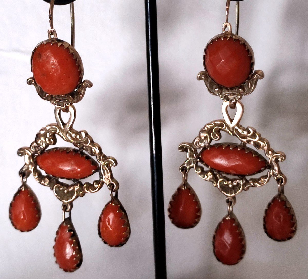 Sicilian Pendant Earrings In Gold And Coral. Sicily, End Of The 18th Century-photo-3