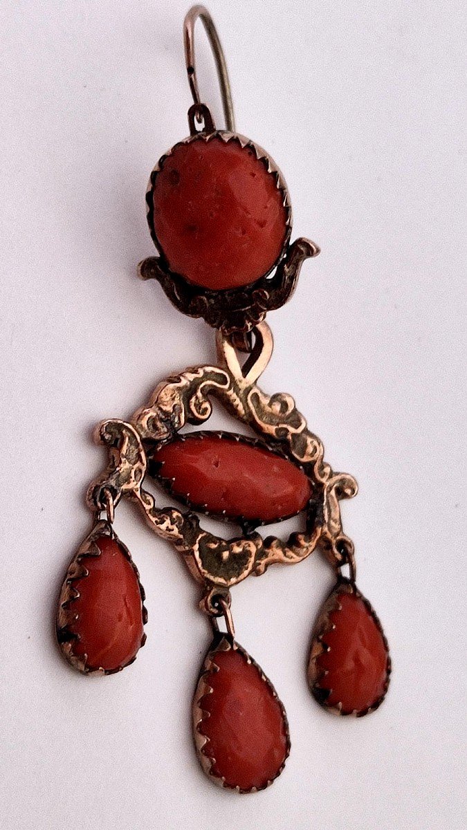 Sicilian Pendant Earrings In Gold And Coral. Sicily, End Of The 18th Century-photo-2