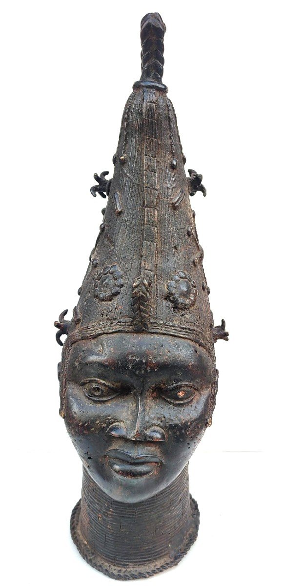  Benin Bronze Sculpture Of The Early 900' 'african Woman With High Headdress. Height Cm.72-photo-2