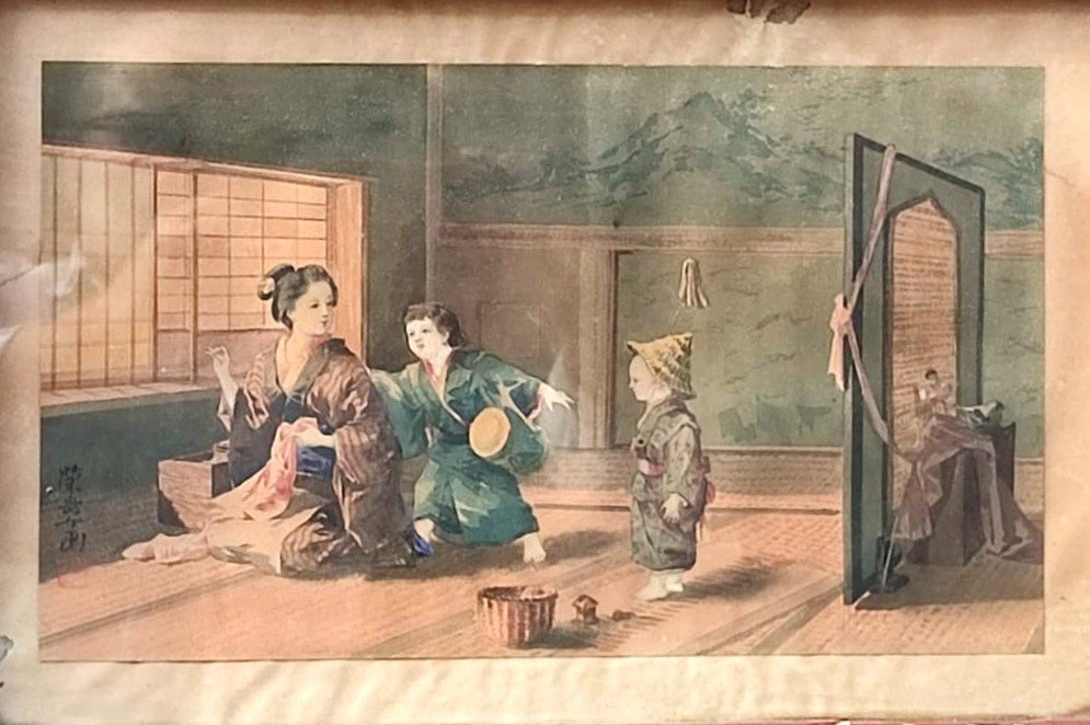  mother With Her Children. Japanese Watercolor Painted On Cardboard