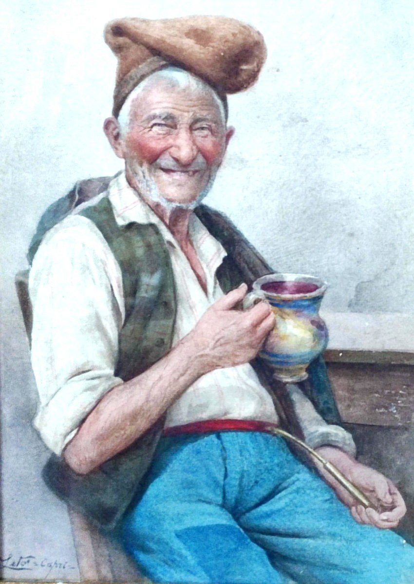 Antonino Leto 'the Old Fisherman Of Capri' Watercolor On Cardboard In A Gilded Frame 37x27-photo-3