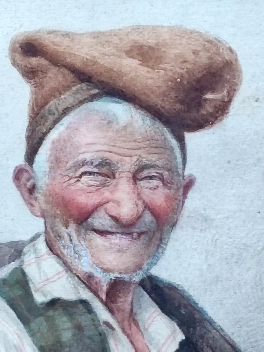 Antonino Leto 'the Old Fisherman Of Capri' Watercolor On Cardboard In A Gilded Frame 37x27