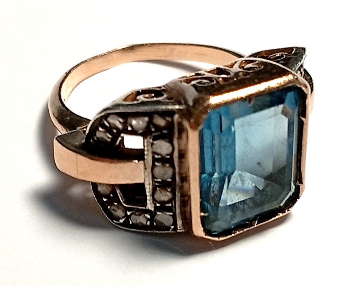 Anello Art Decò  Con Acqua Marina E Rose Di Diamante. Sicilia 1925-30