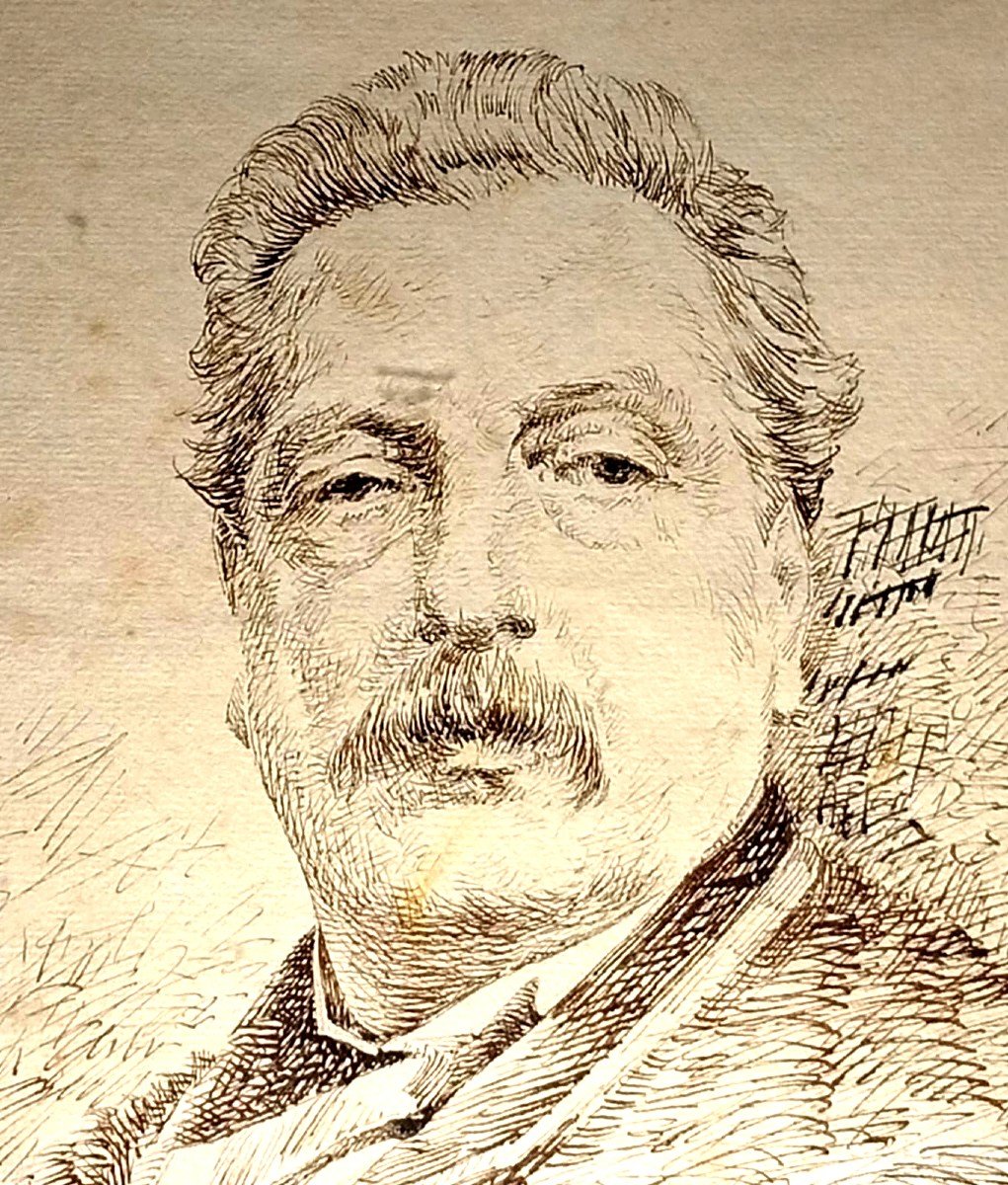  Giacomo Puccini cinquante ans - Portrait A Ink By G.Fattori , signé en clair-obscur.-photo-2