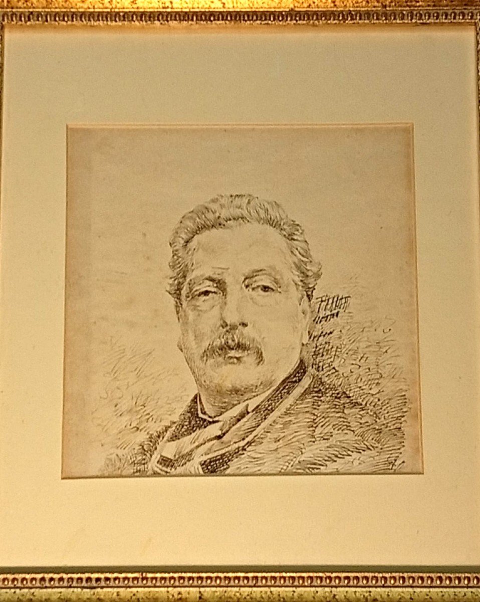 Giacomo Puccini Fifty Years Old - Portrait A Ink By G.fattori , Signed In Chiaroscuro.-photo-3