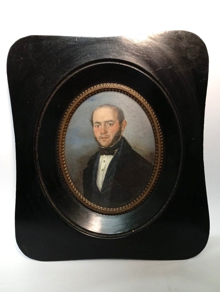 'noble Man With Black Bow Tie' Italian Miniature Mid 19th Century Within Ebonized Frame.-photo-3