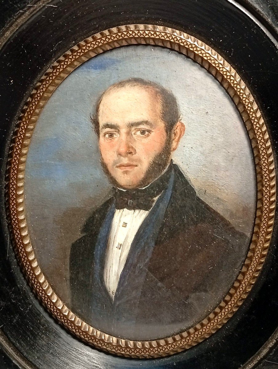 'noble Man With Black Bow Tie' Italian Miniature Mid 19th Century Within Ebonized Frame.