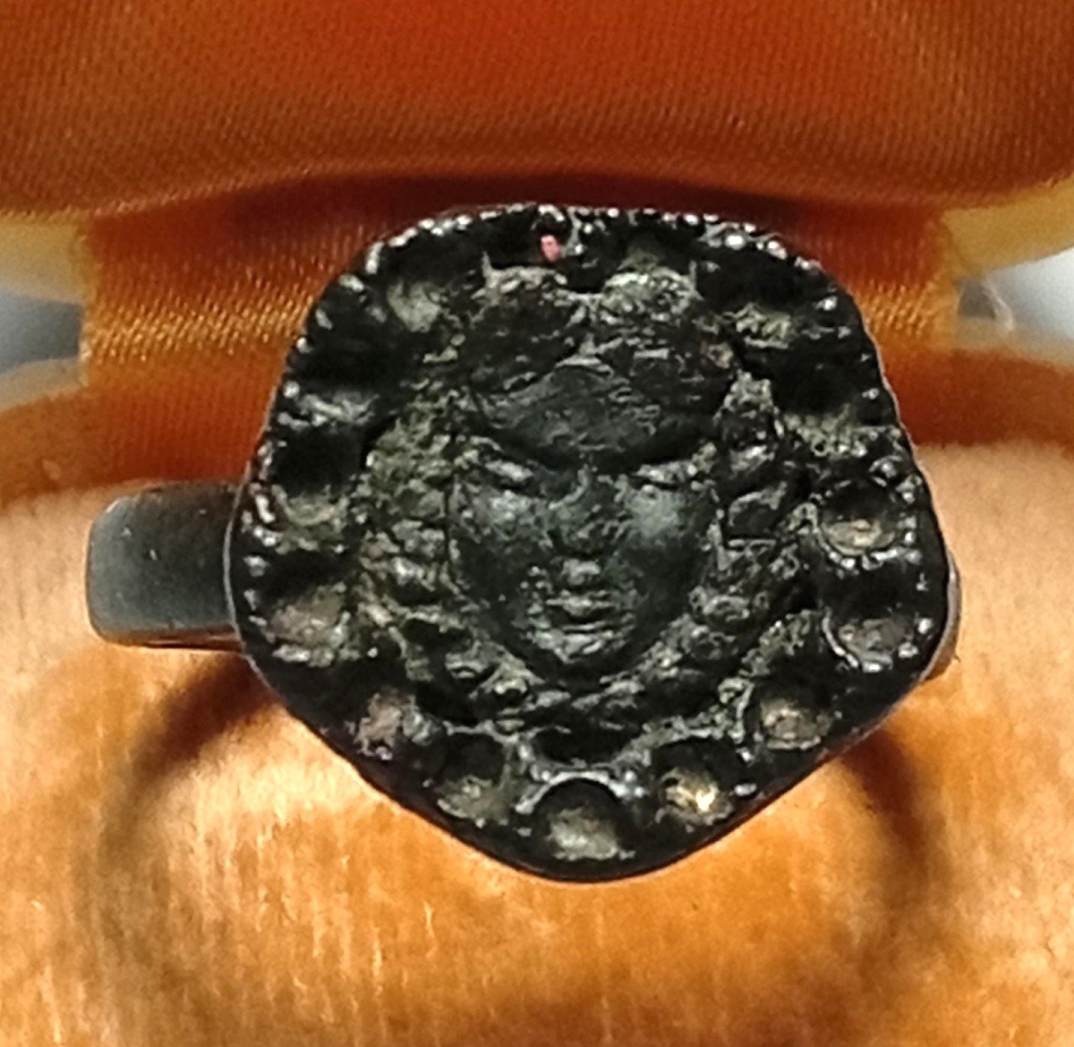 Esoteric Medieval Bronze Signet Ring, With A Woman's Face Within A Pentacle.