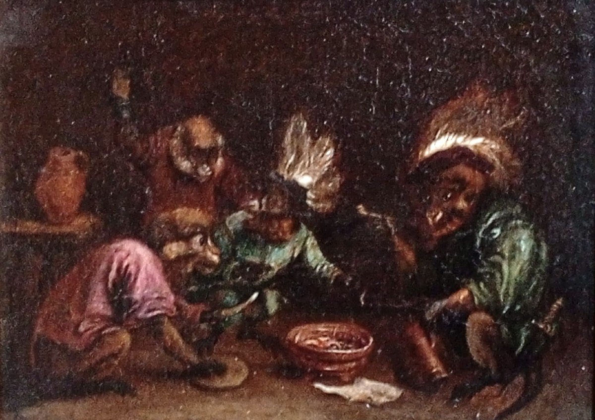 David Teniers II The Youngher 'the Banquet Of The Monkeys' Oil On Canvas With Original Frame. -photo-2