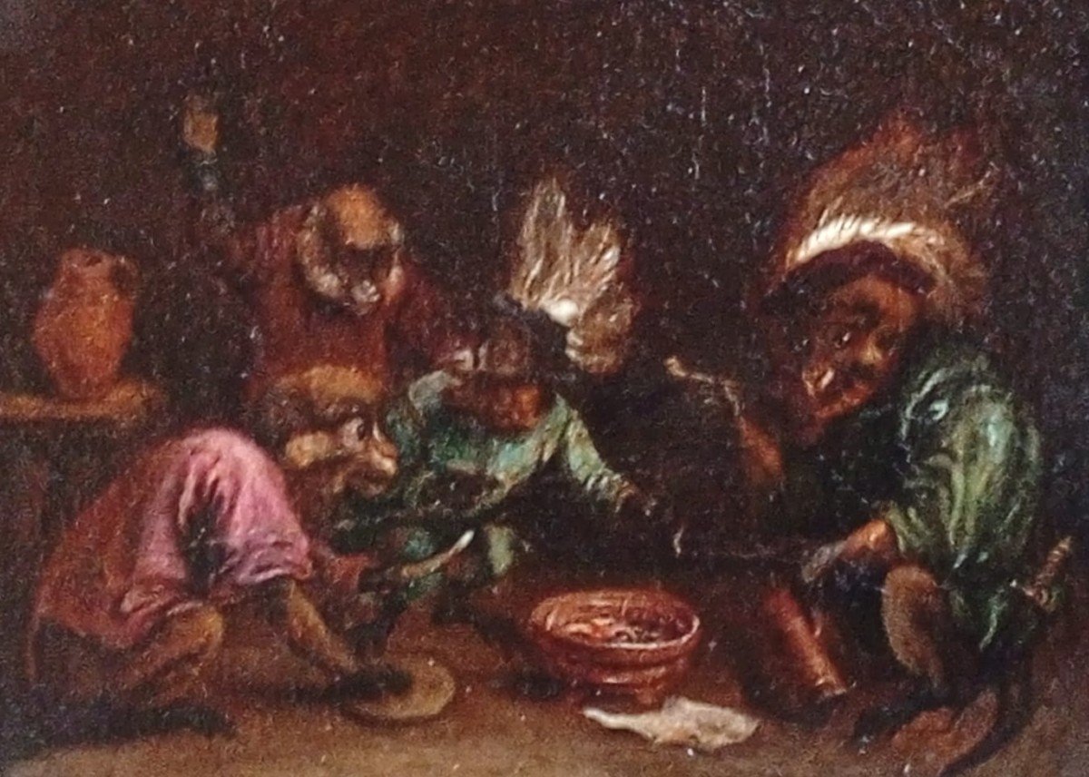 David Teniers II The Youngher 'the Banquet Of The Monkeys' Oil On Canvas With Original Frame. -photo-4