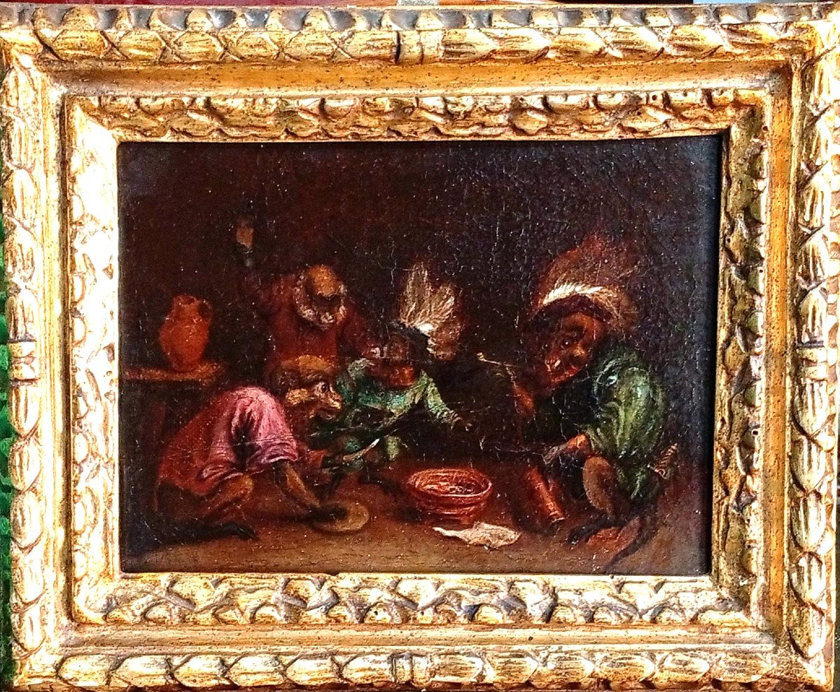 David Teniers II The Youngher 'the Banquet Of The Monkeys' Oil On Canvas With Original Frame. 