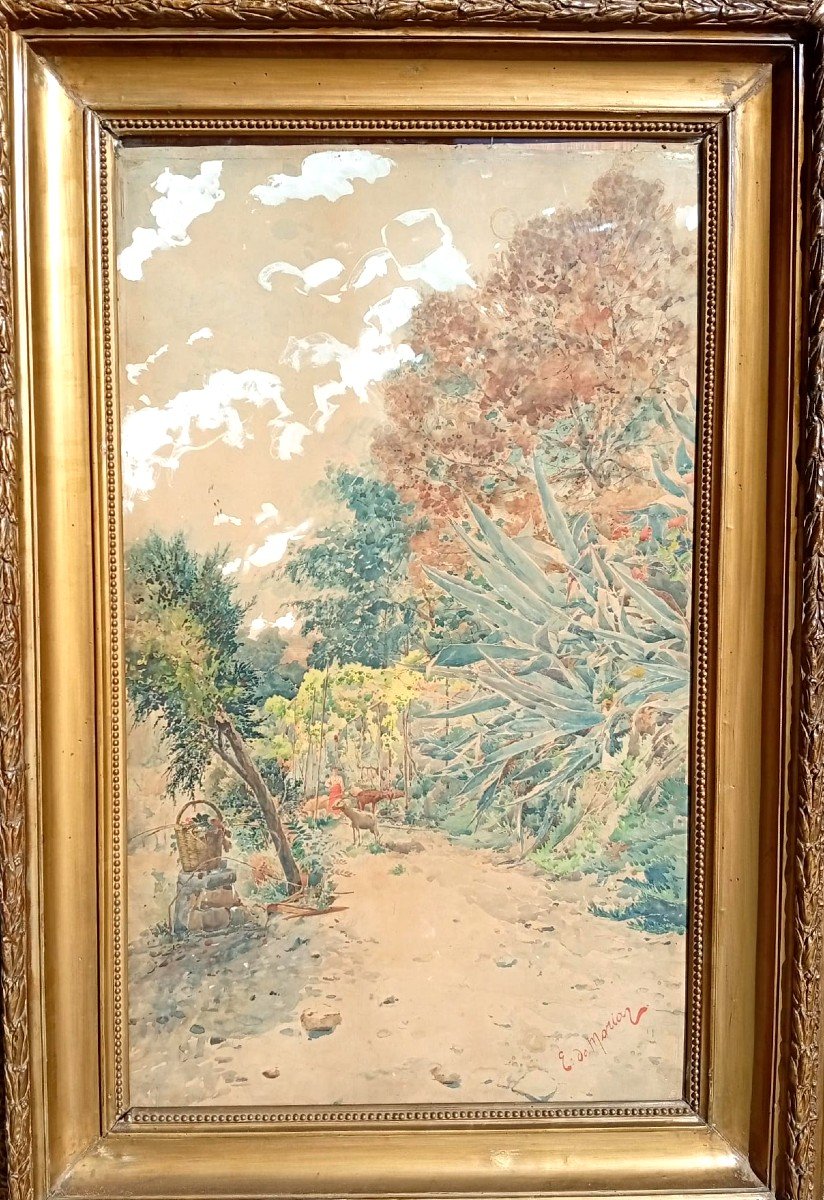  Ettore De Maria Bergler - Countryside With Goats Mixed Technique Within A Golden Frame (cm.61x