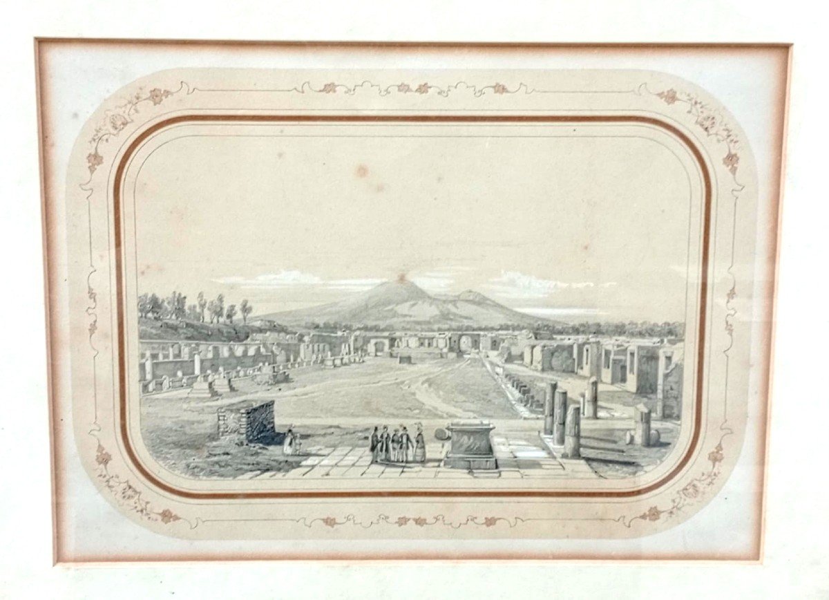 Ercole Gigante (attr.)  Il Gran Tour A Pompei. Disegno Biaccato Documentale Tra  Il 1820-30.