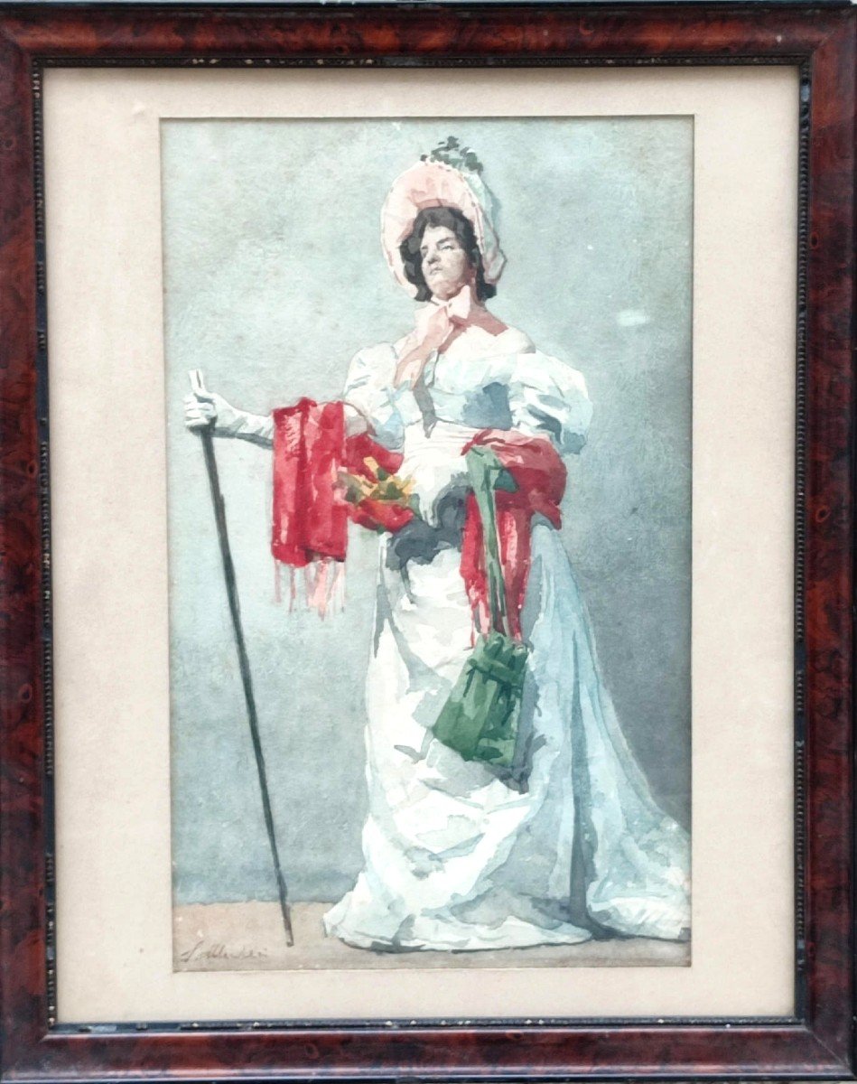 Salvatore Marchesi- (palermo Parma) Noblewoman With Satin Dress, Red Scarf, Cane And Green Bag.-photo-2