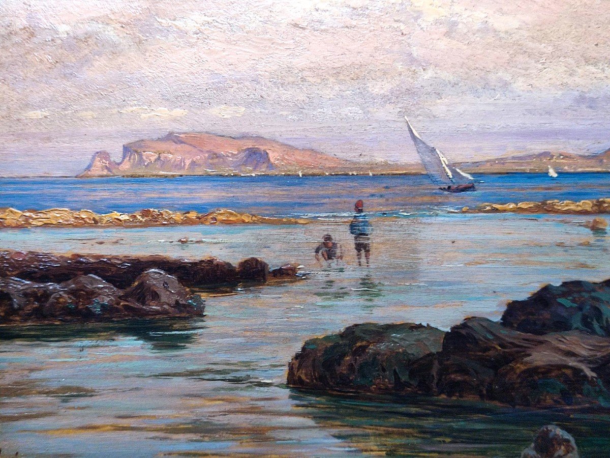 Francesco Lo Jacono 'child Fishermen In The Gulf Of Palermo'.  1880 About. Cm.25x35--photo-2