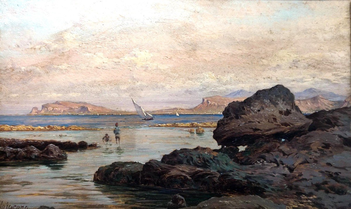  Francesco Lo Jacono « Petits pêcheurs dans le golfe de Palerme » Huile sur panneau vers 1880.-photo-4