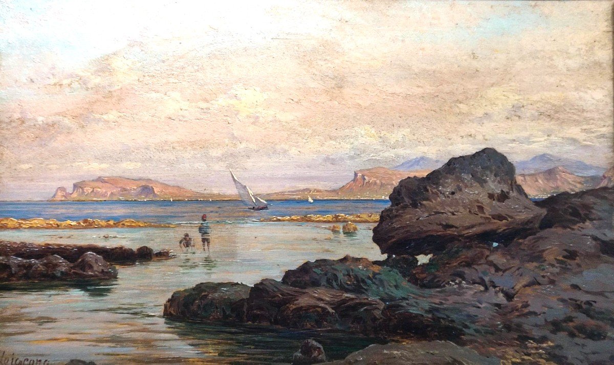 Francesco Lo Jacono 'child Fishermen In The Gulf Of Palermo'.  1880 About. Cm.25x35-