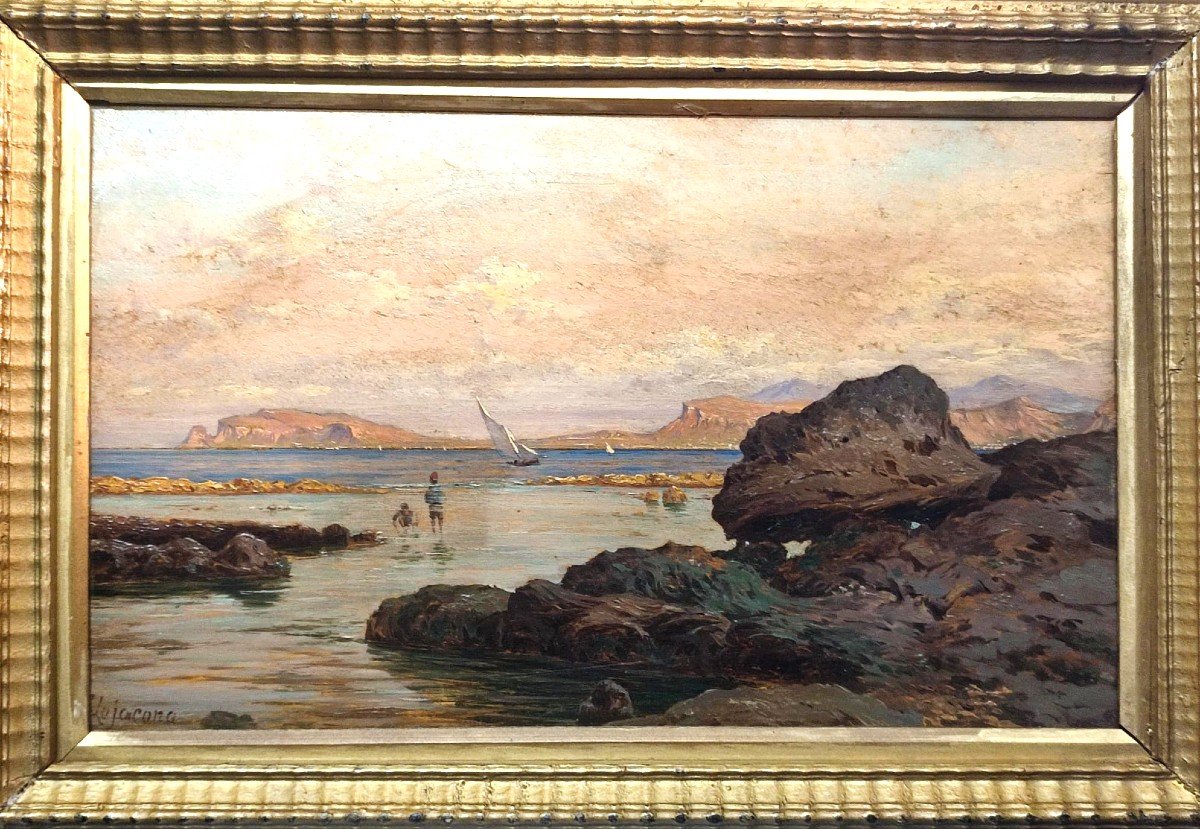  Francesco Lo Jacono « Petits pêcheurs dans le golfe de Palerme » Huile sur panneau vers 1880.