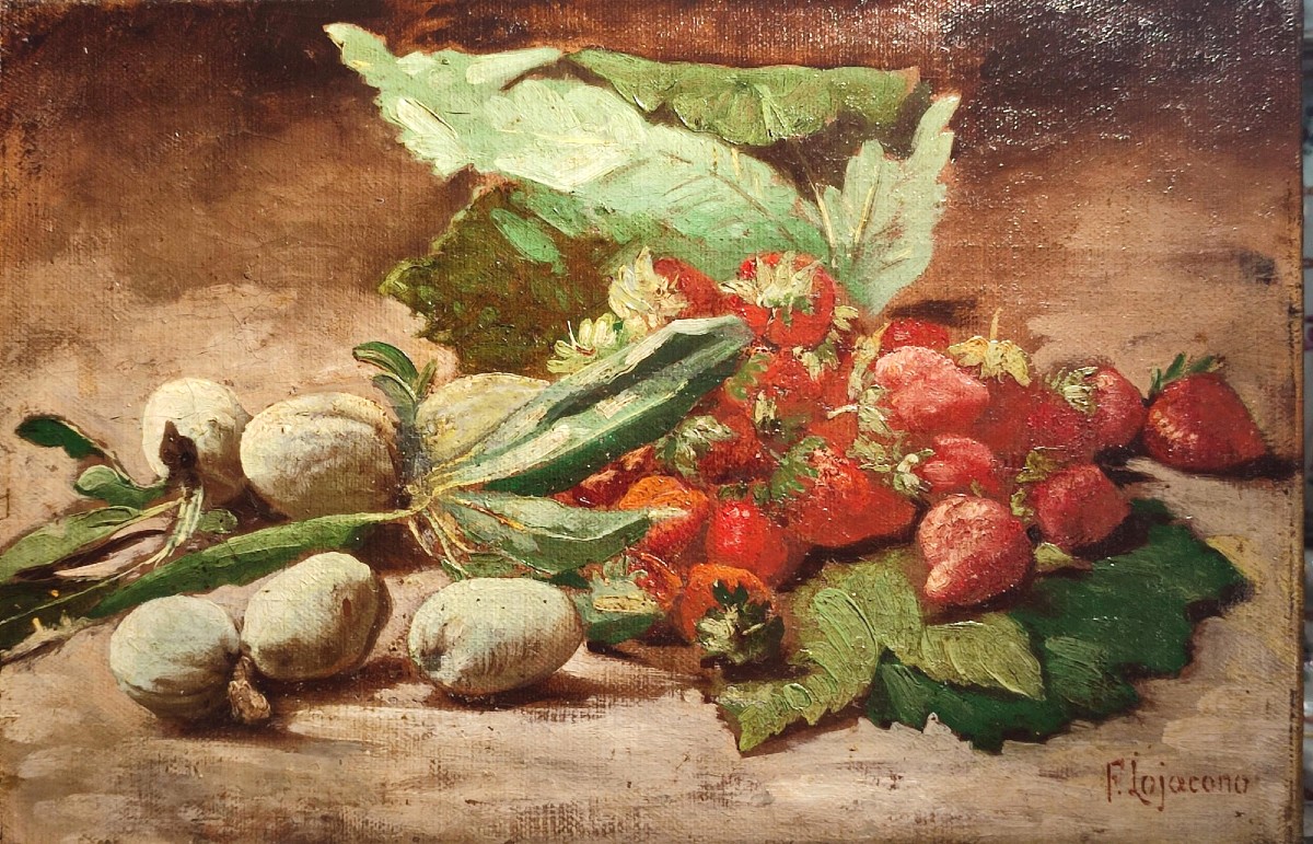 'almonds And Strawberries' - A Rare Small Still Life By Master Francesco Lo Jacono