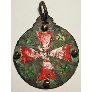 Pewter Templar Medallion With Red Enamel Cross And Small Green Enamel Crosses And Globes
