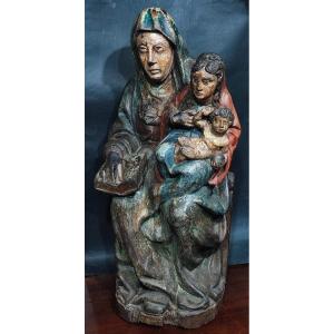 St. Anne, The Virgin And The Child. Polychrome European Mitel Wooden Sculpture Of The Fifteenth