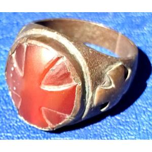 Very Rare Silver Knight Templar Ring With Cameo Carved In Carnelian. Sicily Sec.xii-xiii