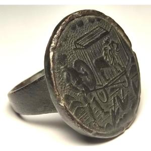 Bronze Templar Ring Depicting A Knight Inviting A Lion To Fight.