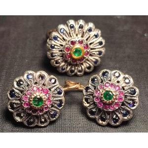 Gold Set, Ring And 'flower' Earrings With Sapphires, Emeralds And Rubies. Sicily 1960 C.