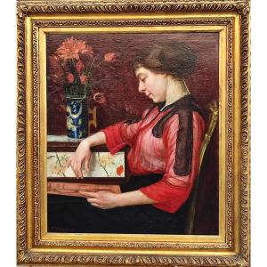 Painting On Canvas Depicting A 'girl With A Red And Brown Dress',