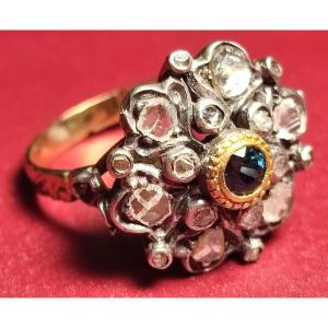 Gold Ring From The 1970s, With Diamonds And Small Sapphire. Weight 6.1 G, Size 19