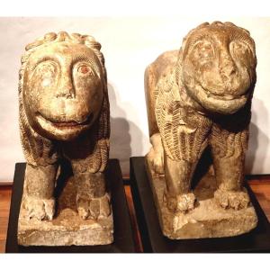  Pair Of Arab-norman Lions In Stone. Southern Italy XIII Century.   