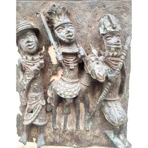 Benin Bronze Tile - 'armed Warriors' 19th Century Cm..44 X 36