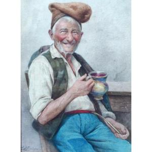 Antonino Leto 'the Old Fisherman Of Capri' Watercolor On Cardboard In A Gilded Frame 37x27