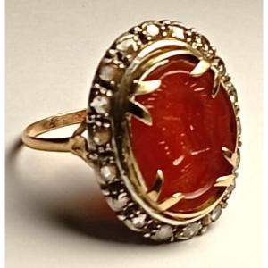 Gold And Pink Diamond Ring With 'roman Warrior' Signet Ring In Carnelian