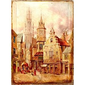 Market Under The Cathedral. Square  With People Circa 1840. Work Signed Jacob Jacobs