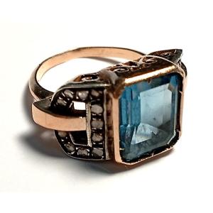 Art Deco Ring With Aquamarine And Diamond Roses. Sicily 1925-30