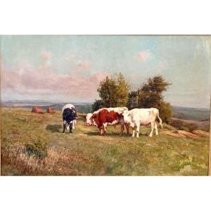 Giuseppe Palizzi - Cows In The Pasture Cm.70x100 In An Original Gilded Frame.