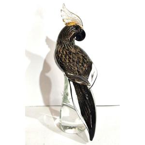 Black Glass Parrot With Gold Inclusions Worked In A 'reticolo'. Murano Workshop Of Alberto Donà