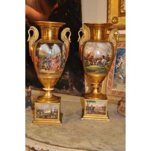 Pair Of Vases In Polychrome And Gilded Porcelain, Depicting Episodes From The Life Of Napoleon.