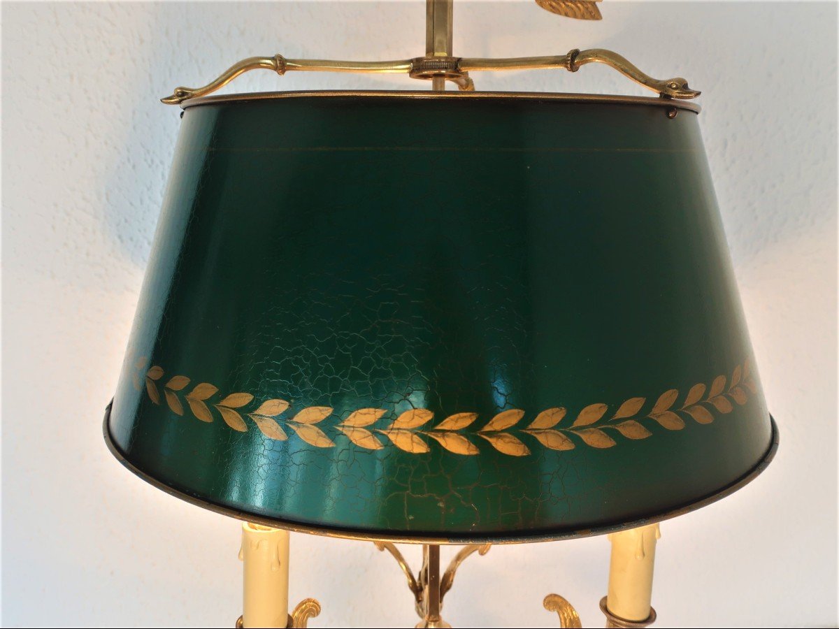 Grande Lampe Bouillotte Bronze Dore XIXème Cygnes Ailes, 3 Bras De Lumiere,  Abat-jour Tôle-photo-5