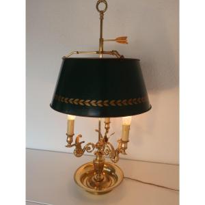 Grande Lampe Bouillotte Bronze Dore XIXème Cygnes Ailes, 3 Bras De Lumiere,  Abat-jour Tôle