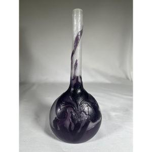 émile Gallé Vase With Fire Polished Purple Iris Decor, Art Nouveau 