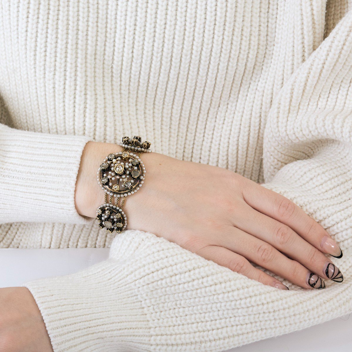 Bracelet Ancien Diamants Perles Or Rose-photo-2